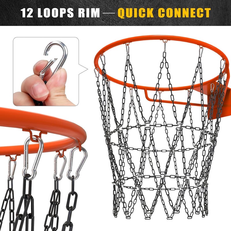 KingDolly Upgraded Buckle Chain Basketball Net, Rust-Proof Coated Metal Basketball Net Outdoor with 12 Loops Snap Links, 18" Universal Fit Chain Net for Basketball Hoop - No Tools Installation - Image 2